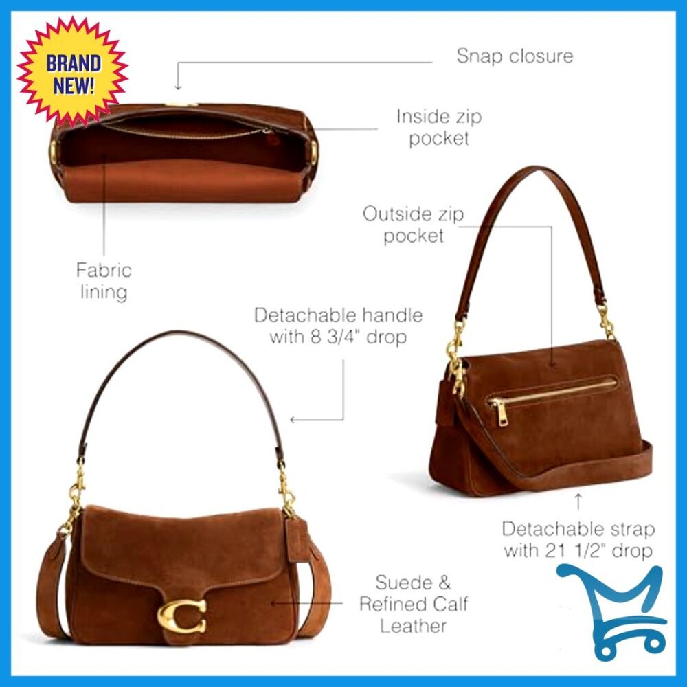Suede Leather Shoulder Bag with Detachable Straps, Zip Pockets - Picture 3 of 5